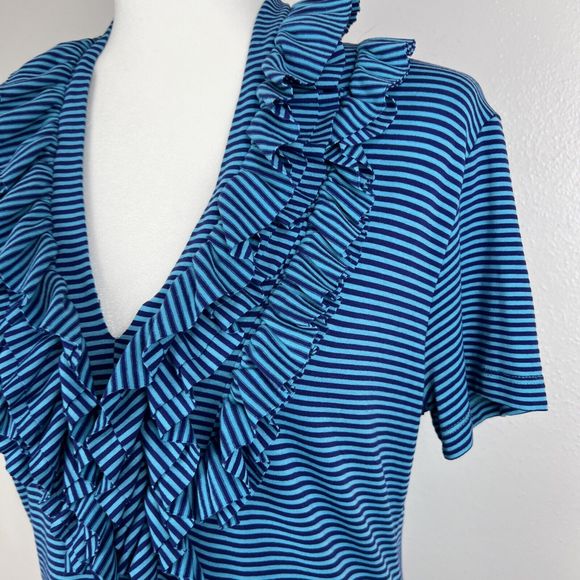 Soft Surroundings Blouse Women Medium Blue Striped Ruffle Collar Short Sleeve - Picture 8 of 13